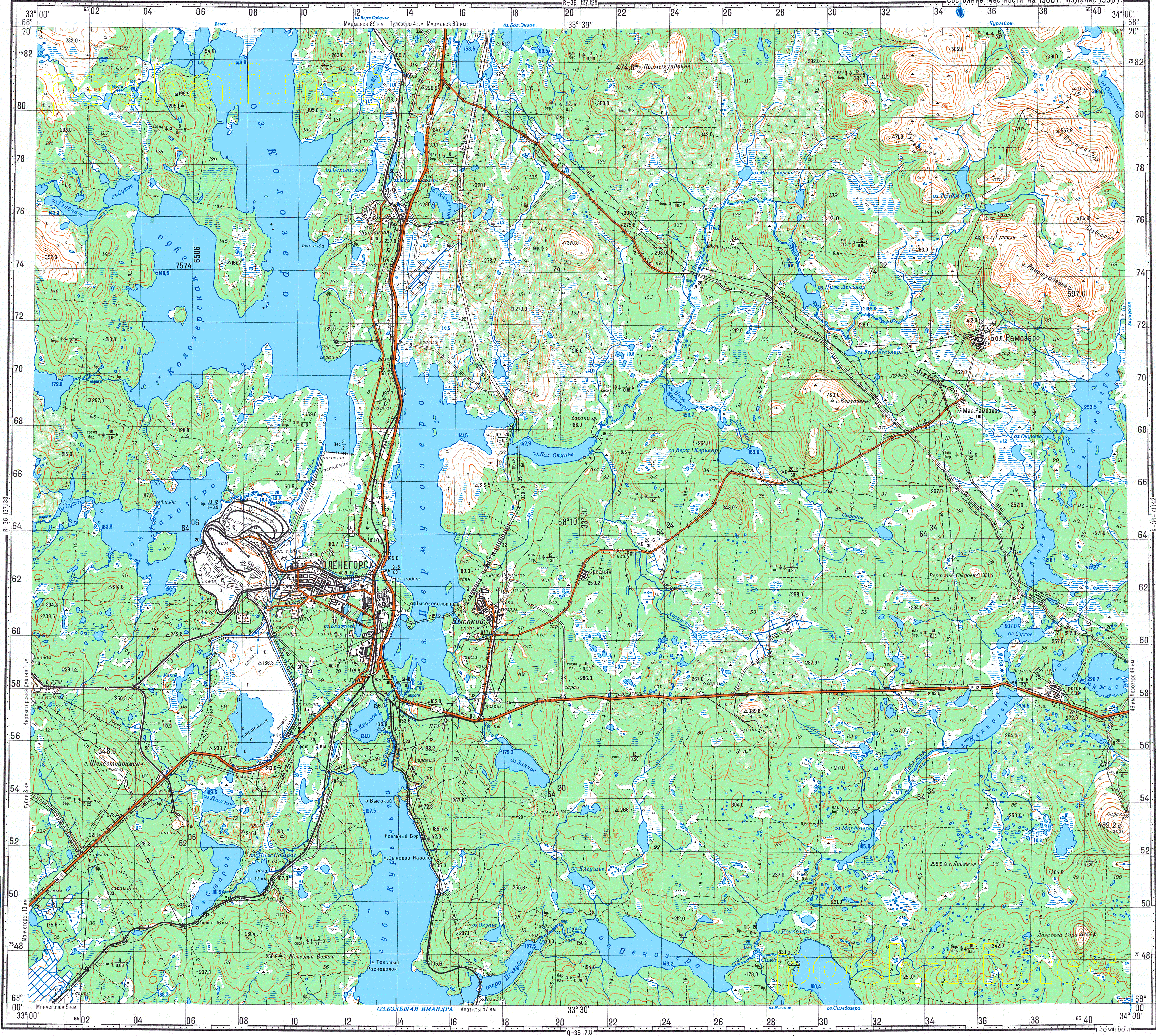 Где находится оленегорск. Топографические карты Генштаба Норильск. Оленегорск Мурманская область на карте. Карта озера Имандра подробная. Кольский полуостров Оленегорск на карте.